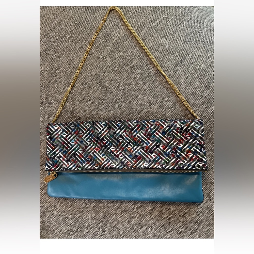 Laudi Vidni Dolce Large Clutch with Chain Shoulder Strap Turquoise Leather EUC
